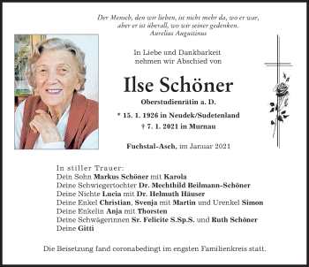 Traueranzeige von Ilse Schöner von Allgäuer Zeitung, Kaufbeuren/Buchloe