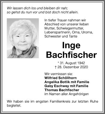 Traueranzeige von Inge Bachfischer von Memminger Zeitung
