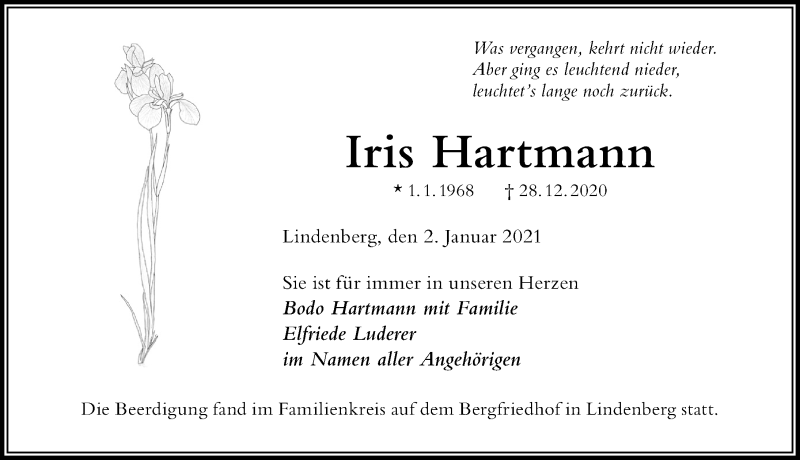  Traueranzeige für Iris Hartmann vom 02.01.2021 aus Der Westallgäuer