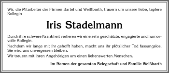 Traueranzeige von Iris Stadelmann von Allgäuer Zeitung, Kaufbeuren/Buchloe