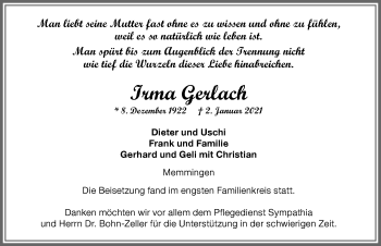 Traueranzeige von Irma Gerlach von Memminger Zeitung