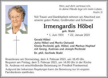Traueranzeige von Irmengardis Höbel von Allgäuer Zeitung, Kaufbeuren/Buchloe