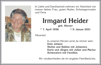 Traueranzeige von Irmgard Heider von Allgäuer Zeitung,Kempten