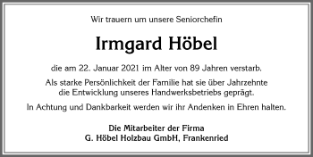 Traueranzeige von Irmgard Höbel von Allgäuer Zeitung, Kaufbeuren/Buchloe
