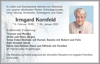 Traueranzeige von Irmgard Kornfeld von Allgäuer Zeitung,Kempten