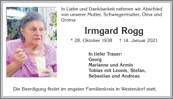 Traueranzeige von Irmgard Rogg von Allgäuer Zeitung, Kaufbeuren/Buchloe