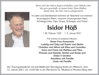 Traueranzeige von Isidor Höß von Allgäuer Zeitung, Füssen