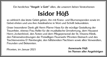 Traueranzeige von Isidor Höß von Allgäuer Zeitung, Füssen