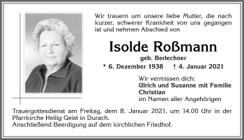 Traueranzeige von Isolde Roßmann von Allgäuer Zeitung,Kempten