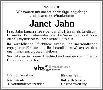 Traueranzeige von Janet Jahn von Allgäuer Zeitung, Füssen