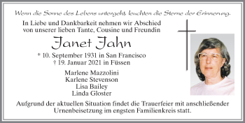 Traueranzeige von Janet Jahn von Allgäuer Zeitung, Füssen