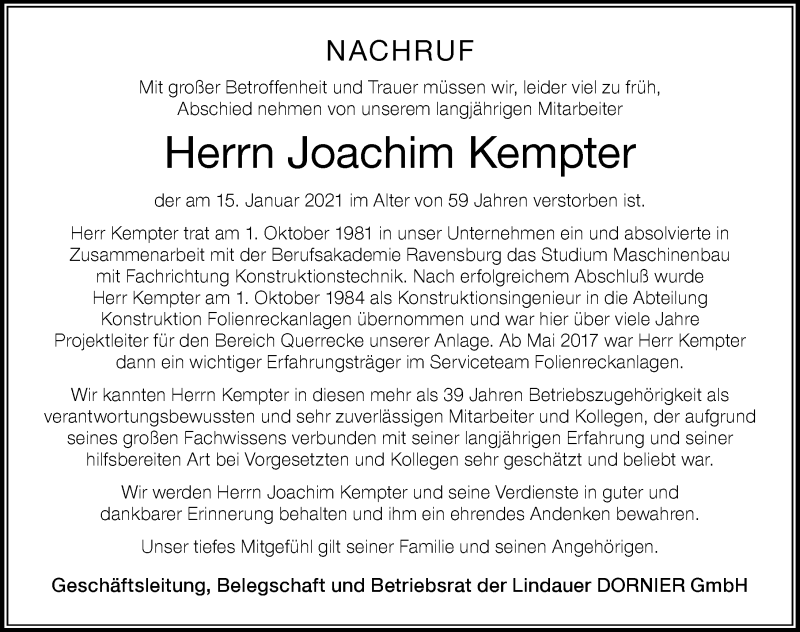  Traueranzeige für Joachim Kempter vom 30.01.2021 aus Der Westallgäuer