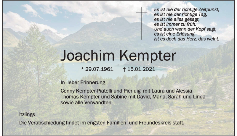  Traueranzeige für Joachim Kempter vom 27.01.2021 aus Der Westallgäuer