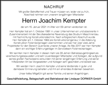 Traueranzeige von Joachim Kempter von Der Westallgäuer