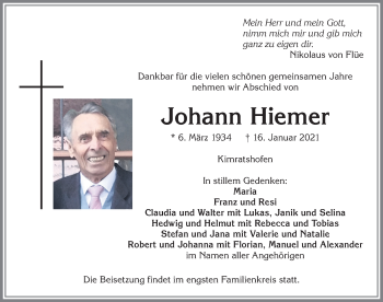 Traueranzeige von Johann Hiemer von Allgäuer Zeitung,Kempten