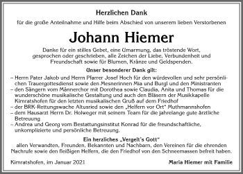 Traueranzeige von Johann Hiemer von Allgäuer Zeitung,Kempten