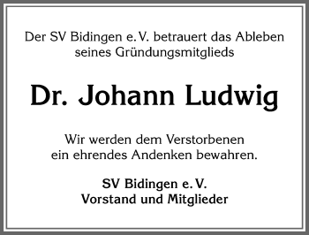 Traueranzeige von Johann Ludwig von Allgäuer Zeitung, Marktoberdorf