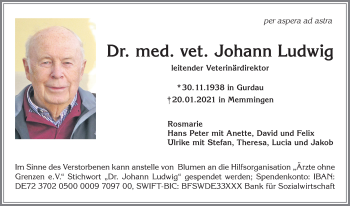 Traueranzeige von Johann Ludwig von Allgäuer Zeitung