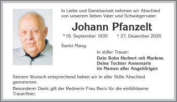 Traueranzeige von Johann Pfanzelt von Allgäuer Zeitung,Kempten