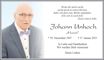Traueranzeige von Johann Unhoch von Allgäuer Zeitung, Füssen
