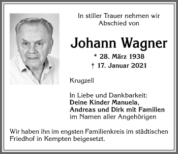 Traueranzeige von Johann Wagner von Allgäuer Zeitung,Kempten