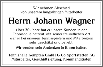 Traueranzeige von Johann Wagner von Allgäuer Zeitung,Kempten