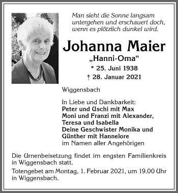 Traueranzeige von Johanna Maier von Allgäuer Zeitung,Kempten