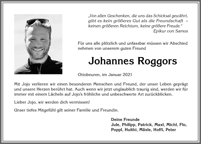  Traueranzeige für Johannes Roggors vom 27.01.2021 aus Memminger Zeitung