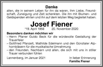 Traueranzeige von Josef Fiener von Memminger Zeitung