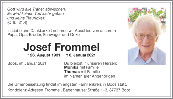 Traueranzeige von Josef Frommel von Memminger Zeitung