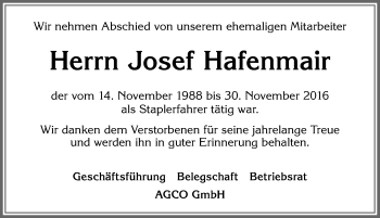 Traueranzeige von Josef Hafenmair von Allgäuer Zeitung, Marktoberdorf