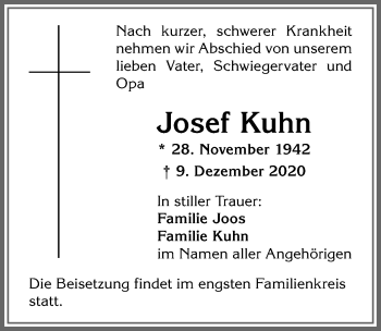 Traueranzeige von Josef Kuhn von Allgäuer Anzeigeblatt