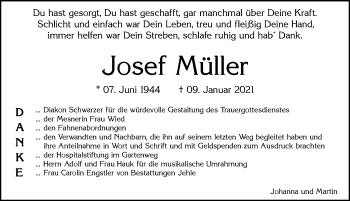 Traueranzeige von Josef Müller von Allgäuer Zeitung, Marktoberdorf