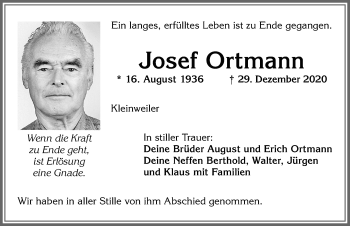 Traueranzeige von Josef Ortmann von Allgäuer Zeitung,Kempten