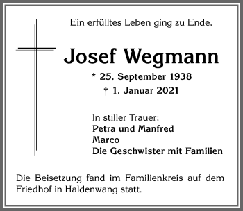 Traueranzeige von Josef Wegmann von Allgäuer Zeitung,Kempten