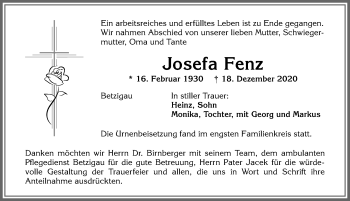 Traueranzeige von Josefa Fenz von Allgäuer Zeitung,Kempten