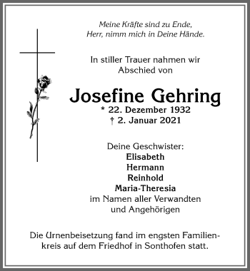 Traueranzeige von Josefine Gehring von Allgäuer Zeitung