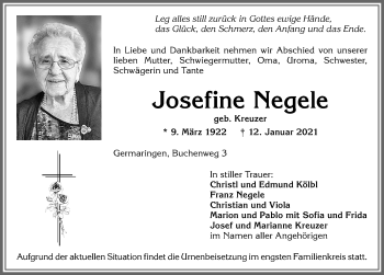 Traueranzeige von Josefine Negele von Allgäuer Zeitung, Kaufbeuren/Buchloe