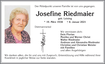 Traueranzeige von Josefine Riedmaier von Allgäuer Zeitung,Kempten