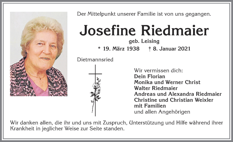  Traueranzeige für Josefine Riedmaier vom 12.01.2021 aus Allgäuer Zeitung,Kempten
