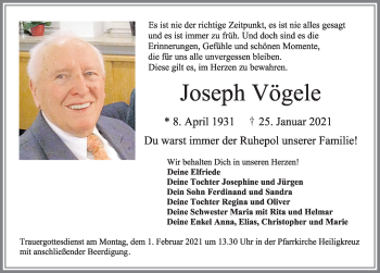 Traueranzeige von Joseph Vögele von Allgäuer Zeitung,Kempten