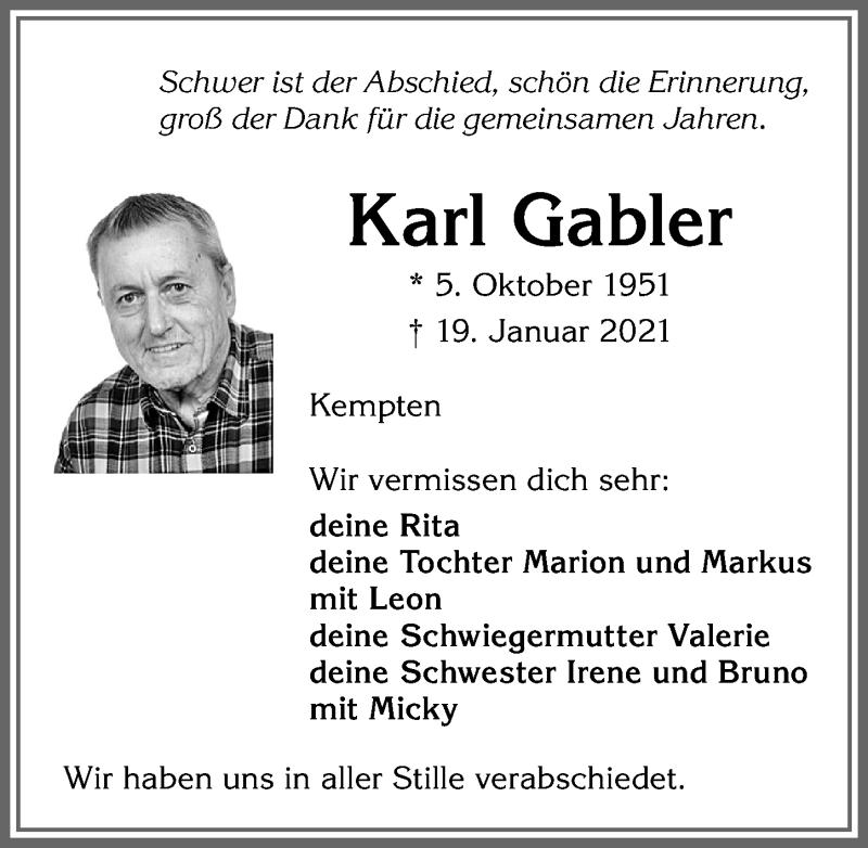  Traueranzeige für Karl Gabler vom 29.01.2021 aus Allgäuer Zeitung,Kempten