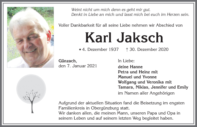  Traueranzeige für Karl Jaksch vom 07.01.2021 aus Allgäuer Zeitung, Marktoberdorf