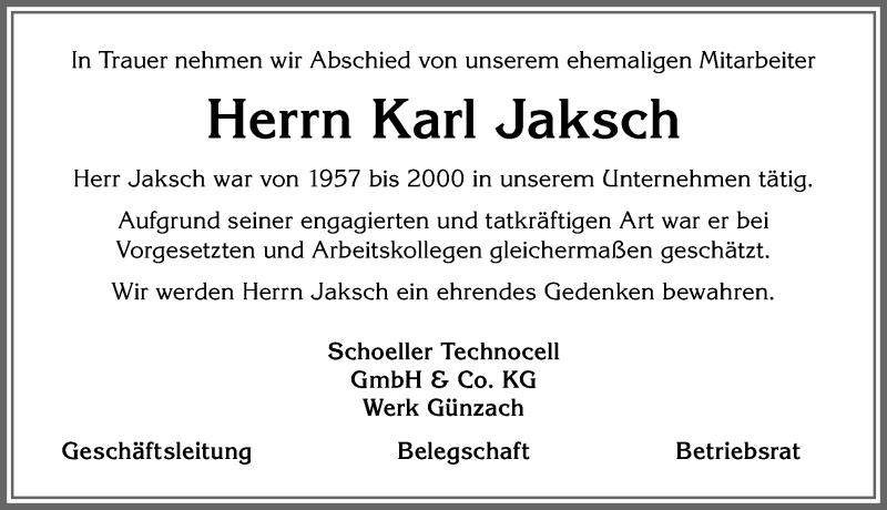  Traueranzeige für Karl Jaksch vom 08.01.2021 aus Allgäuer Zeitung, Marktoberdorf