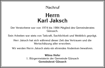 Traueranzeige von Karl Jaksch von Allgäuer Zeitung, Marktoberdorf