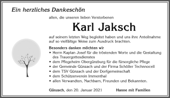 Traueranzeige von Karl Jaksch von Allgäuer Zeitung, Marktoberdorf
