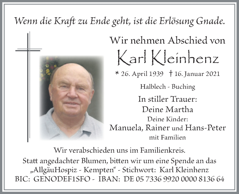  Traueranzeige für Karl Kleinlenz vom 23.01.2021 aus Allgäuer Zeitung, Füssen