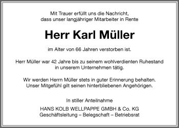 Traueranzeige von Karl Müller von Memminger Zeitung
