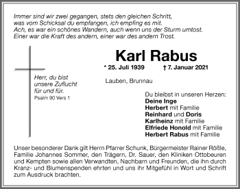 Traueranzeige von Karl Rabus von Memminger Zeitung