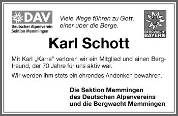 Traueranzeige von Karl Schott von Memminger Zeitung